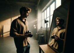 A contemplative photographer standing in front of a large mirror